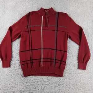 Geoffrey Beene Mens Wine Red Windowpane Plaid 1/4 Zip Cotton Sweater G5F18034 M
